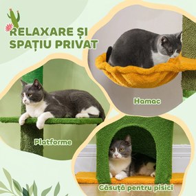 PawHut Ansamblu de Zgâriat pentru Pisici cu Fixare în Tavan, 230-275 cm, Hamac, Căsuță, Stâlpi din Sisal, Verde | Aosom Romania