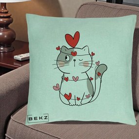 Perna Decorativa Pisica Kawaii cu Inimi, 40x40 cm, Verde Menta, Husa Detasabila, Perna Inclusa, BEKZ®
