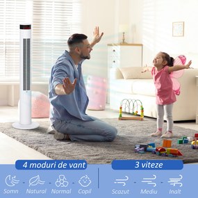 HOMCOM Ventilator de Turn cu Panou LED, 3 Viteze, 4 Moduri, 45W, Telecomandă, Alb | Aosom Romania
