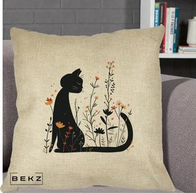 Perna Decorativa Pisica Neagra Flori Portocalii Silueta, 40x40 cm, Crem, Husa Detasabila, Perna Inclusa, BEKZ®