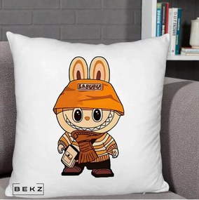 Perna Personalizata Labubu Streetwear Portocaliu, 40x40 cm, Alb Pufos, Husa Detasabila, Perna Inclusa, BEKZ®
