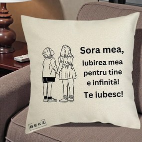 Cadou pentru Sora - Perna Personalizata Sora Mea Te Iubesc Copii Tinand Maini Line Art, 40x40 cm, Ecru, Husa Detasabila, Perna Inclusa, BEKZ®