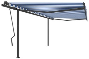 Copertina retractabila manual cu stalpi, albastru alb, 4x3,5 m