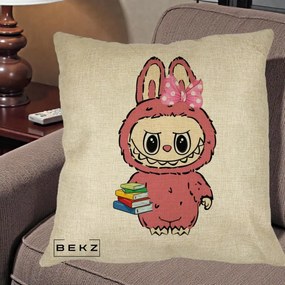 Perna Personalizata Labubu Roz cu Funda si Carti, 40x40 cm, Crem, Husa Detasabila, Perna Inclusa, BEKZ®
