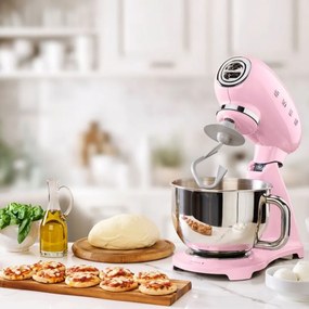 Mixer planetar SMEG SMF03PKEU, 800 W, 4,8 l, 10 viteze, Functie de pornire treptata, Roz