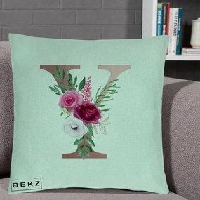 Cadou Personalizat - Perna Personalizata Monograma Rose Gold Litera Y, 40x40 cm, Verde Menta, Husa Detasabila, Perna Inclusa, BEKZ®