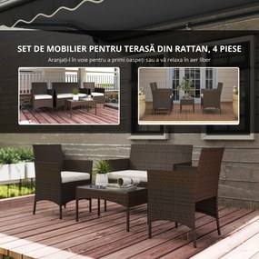 Outsunny Set Mobilier de Grădină din 4 Piese cu Canapea, 2 Fotolii și Măsuță de Cafea, 102x58x82 cm, Maro | Aosom Romania