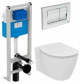 Set vas wc suspendat Ideal Standard Connect Air AquaBlade cu capac soft close, rezervor incastrat si clapeta crom