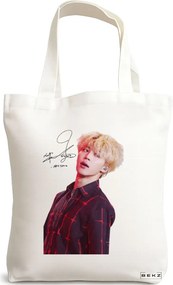 Sacosa de Panza pentru Cumparaturi, Geanta Tote, model BTS Jimin cu semnatura 2, 38x34.5 cm, Alba, BEKZ®