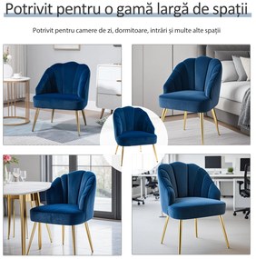 HOMCOM Fotoliu din Catifea cu Spătar în Formă de Scoică, Fotoliu din Catifea cu Picioare Aurite din Oțel, 63x65x84 cm, Albastru | Aosom Romania