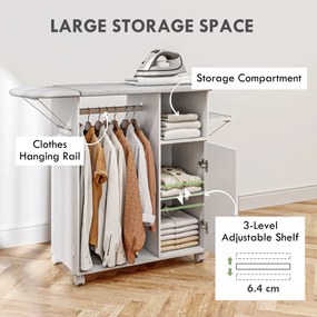 HOMCOM Dulap Multifuncțional cu Masă de Călcat | Blat din Tesatura Efect In | 3 Rafturi | Ghidaj pentru Agățat | 127x42.5x99 cm | Alb | Aosom Romania