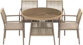 Set mobilier de grădină modern, 5 piese, masă rotundă cu blat din sticlă securizată, 4 scaune cu brațe cu spătar din sfoară, Maro