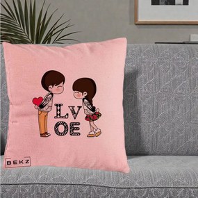 Cadou Romantic - Perna Personalizata Cuplu Kawaii LOVE, 40x40 cm, Roz, Husa Detasabila, Perna Inclusa, BEKZ®