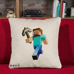 Perna Personalizata Minecraft Steve cu Tarnacop, 40x40 cm, Bej Canapea, Husa Detasabila, Perna Inclusa, BEKZ®