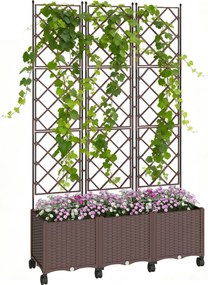 Outsunny Jardinieră Înălțată cu Grilaj 130L, Pat pentru Grădină Înălțat de Exterior cu Roți Blocabile, Sistem de Autoirigare, Găuri de Drenaj pentru Plante Cățărătoare, Legume, Flori, Maro | Aosom Romania