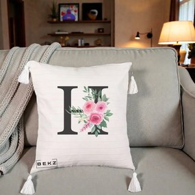 Cadou Personalizat - Perna Personalizata Monograma Florala Litera H cu Trandafiri Roz, 40x40 cm, Bej cu Franjuri, Husa Detasabila, Perna Inclusa, BEKZ®