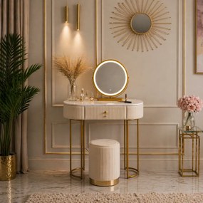 Set SARAH, Masă de toaletă pentru machiaj cu oglindă iluminată LED, control touch, sertar, taburet, 80x40x76 cm, Bej/Auriu