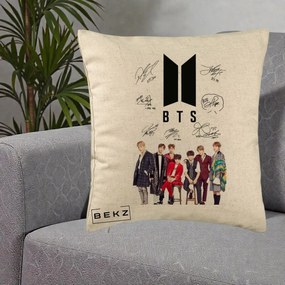 Perna Personalizata K-pop BTS Semnaturi Foto, 40x40 cm, Bej, Husa Detasabila, Perna Inclusa, BEKZ®