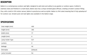 Aplica de perete de exterior IP44 cu senzor de miscare Batton