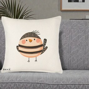 Perna Decorativa Pui Kawaii Bej-Negru Dungat, 40x40 cm, Crem Reliefat, Husa Detasabila, Perna Inclusa, BEKZ®