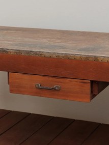 Consolă hol vintage din lemn reciclat, maro, cu blat din zinc, sertar și 2 rafturi, 93 x 122 x 46 cm, „Dara”