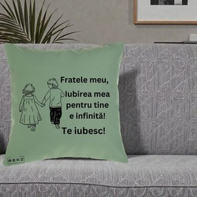 Cadou pentru Frate - Perna Personalizata Fratele Meu Te Iubesc Copii Tinand Maini Varianta 2, 40x40 cm, Verde, Husa Detasabila, Perna Inclusa, BEKZ®