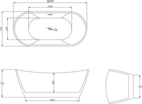Cada baie freestanding slim 170 x 77 cm, ovala cu preaplin, Bella Foglia 1700x770 mm