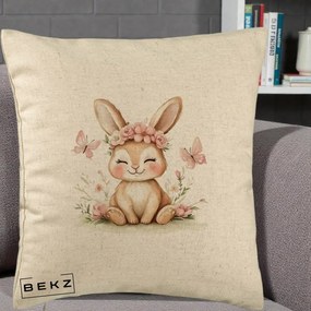 Perna Decorativa Iepuras cu Coronita Florala Roz, 40x40 cm, Bej, Husa Detasabila, Perna Inclusa, BEKZ®