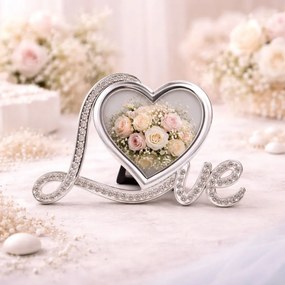 Ramă Foto AZAY Love cu Cristale, 8x8 cm, Ramă Foto Inimă pentru Cuplu, Cadou Romantic, Cadou Nuntă, Cutie Cadou Inclusă