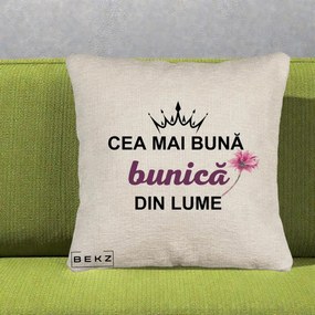 Cadou pentru Bunica - Perna Personalizata Cea Mai Buna Bunica Din Lume Coroana Mov Floare Roz, 40x40 cm, Bej Canapea, Husa Detasabila, Perna Inclusa, BEKZ®