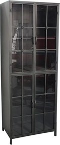 Dulap vitrină industrial din metal, negru, cu 4 uși vitrate, 4 rafturi și ochiuri de geam ca de fereastră, finisaj mat, 141 x 60 x 43 cm, „Fenetre”