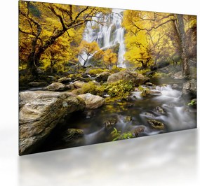 Tablou pe sticlă - Cascade în peisaj de toamnă, galben (70x50 cm)