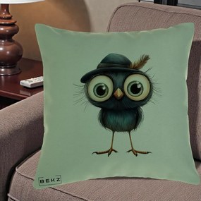 Perna Decorativa Pui Misterios cu Palarie Neagra, 40x40 cm, Verde, Husa Detasabila, Perna Inclusa, BEKZ®
