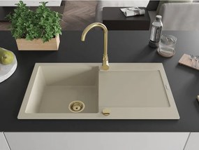 Mexen Leo chiuvetă de bucătărie din granit cu 1 compartiment și scurgător 900 x 500 mm, bej, sifon auriu - 6501901010-69-G