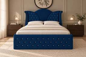 Pat tapițat Chesterfield din catifea Velora Deluxe 160×200 cm, bleumarin, cu ladă de depozitare