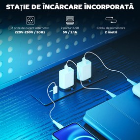 HOMCOM Birou Gaming în formă de L cu prize multiple, LED-uri, 165x80 cm, birou PC cu 2 sertare din material textil, 2 rafturi deschise, măsuță laterală și 2 suporturi monitor, din PAL și oțel, Negru | Aosom Romania