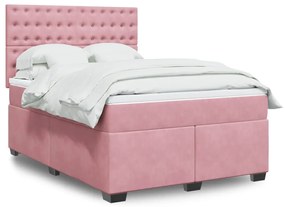vidaXL Pat box spring cu saltea, roz, 140x200 cm, catifea