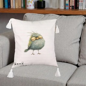 Perna Decorativa Pasare Teal Adormita cu Ochi Galbeni, 40x40 cm, Bej cu Franjuri, Husa Detasabila, Perna Inclusa, BEKZ®