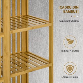 HOMCOM Dulap Deschis din Bambus cu 2 Uși Glisante, Garderobă cu Rafturi și Bară de Haine, 145x35x165 cm, Lemn Natural | Aosom Romania