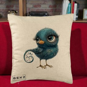 Perna Decorativa Pasare Teal cu Motive Aurii si Coada Spiralata, 40x40 cm, Bej, Husa Detasabila, Perna Inclusa, BEKZ®
