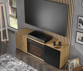 Masă TV cu șemineu Aurella (Negru + Stejar artisan). 1124877