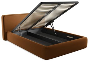 Pat matrimonial teracotă tapițat cu spațiu de depozitare cu somieră 140x200 cm Kiana – Makamii