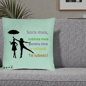Cadou pentru Sora - Perna Personalizata Sora Mea Te Iubesc Siluete Colorate Umbrela, 40x40 cm, Verde Menta, Husa Detasabila, Perna Inclusa, BEKZ®