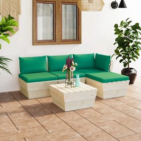 Set mobilier gradina din paleti cu perne, 5 piese, lemn molid Verde, colt + 2x mijloc + masa + suport pentru picioare, 1