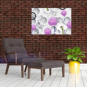 Tablou cu abstracție 3D cu cercuri și flori (90x60 cm)
