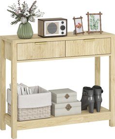 HOMCOM Consolă 90 cm, masă consolă îngustă cu 2 sertare canelate și raft, stil modern, lemn natural | Aosom Romania