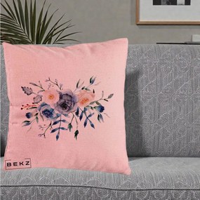 Perna Decorativa Buchet Flori Albastre Acuarela, 40x40 cm, Roz, Husa Detasabila, Perna Inclusa, BEKZ®