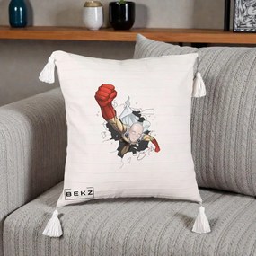 Perna Personalizata One Punch Man Saitama Pumn, 40x40 cm, Bej cu Franjuri, Husa Detasabila, Perna Inclusa, BEKZ®