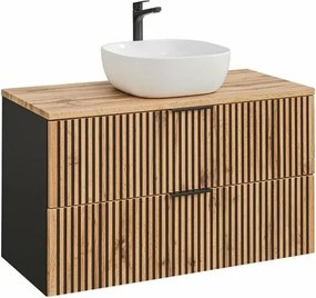 Set dulap baza suspendat 100 cm cu blat si lavoar Comad Xilo stejar Wotan si gri piatra