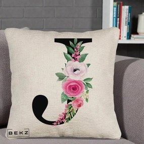 Cadou Personalizat - Perna Personalizata Monograma Florala Litera J, 40x40 cm, Bej Canapea, Husa Detasabila, Perna Inclusa, BEKZ®